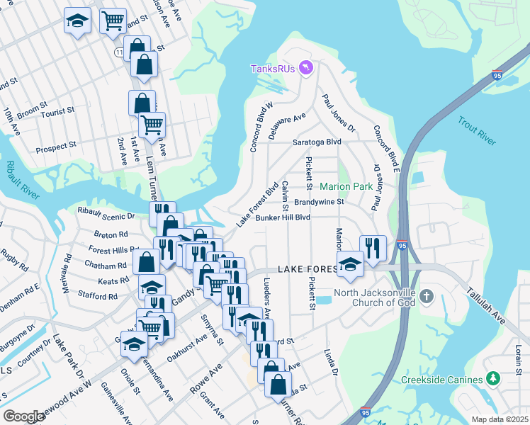 map of restaurants, bars, coffee shops, grocery stores, and more near 1156 Brandywine Street in Jacksonville