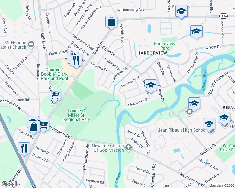 map of restaurants, bars, coffee shops, grocery stores, and more near 4732 Lincrest Drive North in Jacksonville