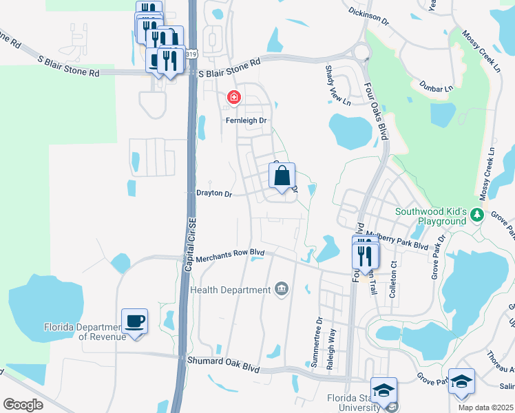 map of restaurants, bars, coffee shops, grocery stores, and more near 3785 Esplanade Way in Tallahassee