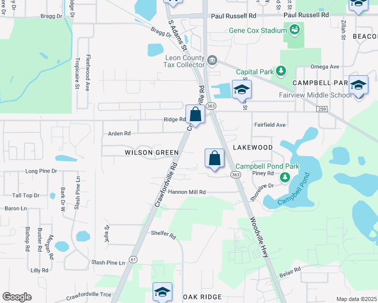 map of restaurants, bars, coffee shops, grocery stores, and more near 3709 Crawfordville Road in Tallahassee