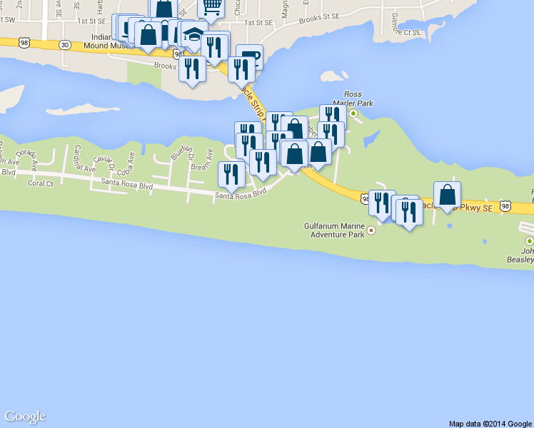 map of restaurants, bars, coffee shops, grocery stores, and more near 1112 Santa Rosa Boulevard in Fort Walton Beach