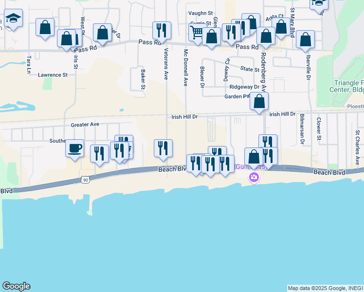 map of restaurants, bars, coffee shops, grocery stores, and more near 155 Mc Donnell Avenue in Biloxi