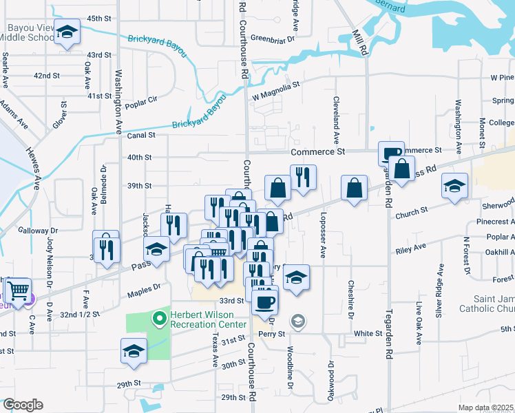 map of restaurants, bars, coffee shops, grocery stores, and more near 753 Courthouse Road in Gulfport
