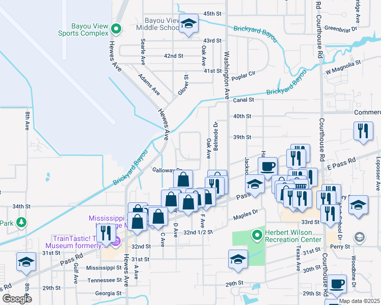 map of restaurants, bars, coffee shops, grocery stores, and more near 3715 Oak Ave in Gulfport