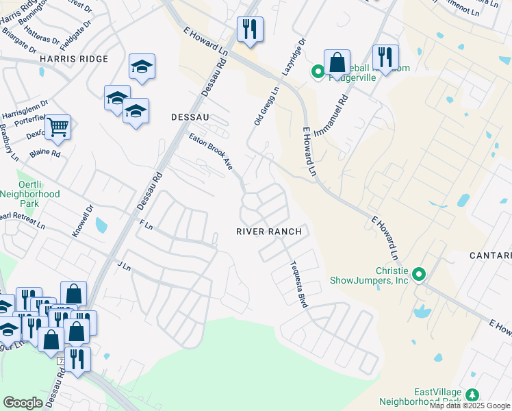 map of restaurants, bars, coffee shops, grocery stores, and more near 30 Danbury Woods Circle in Austin