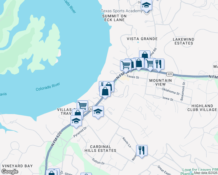 map of restaurants, bars, coffee shops, grocery stores, and more near 3320 Ranch Road 620 in Austin