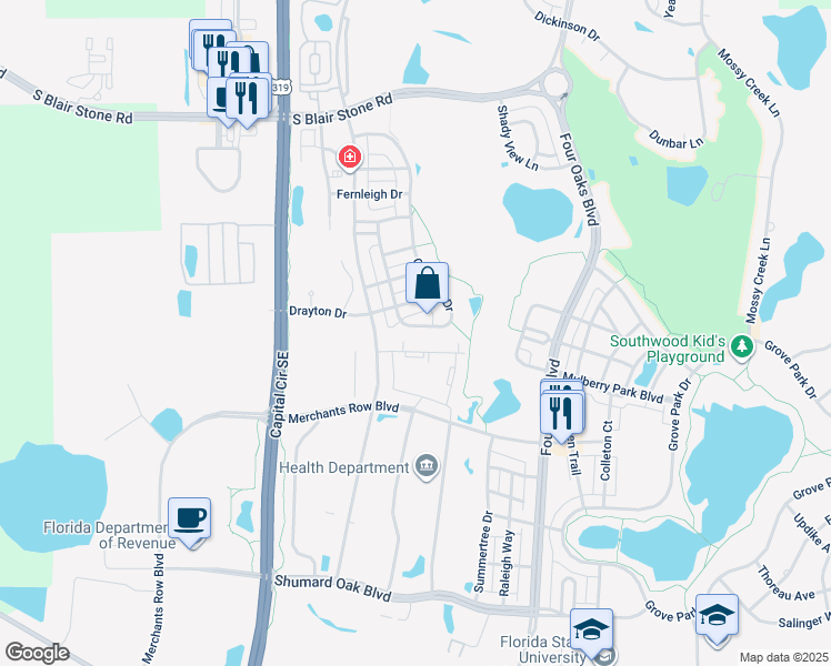map of restaurants, bars, coffee shops, grocery stores, and more near 3789 Overlook Drive in Tallahassee