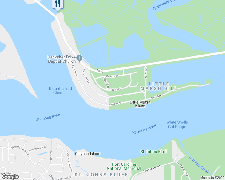map of restaurants, bars, coffee shops, grocery stores, and more near Cabello Drive in Jacksonville