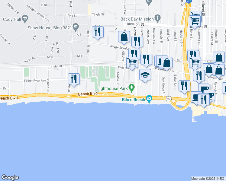 map of restaurants, bars, coffee shops, grocery stores, and more near 1130 U.S. 90 in Biloxi