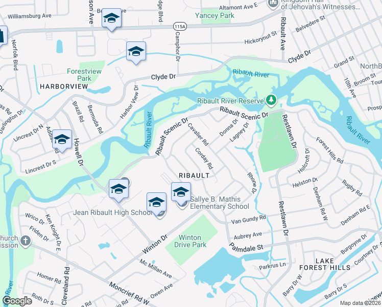 map of restaurants, bars, coffee shops, grocery stores, and more near 6925 Champlain Road in Jacksonville