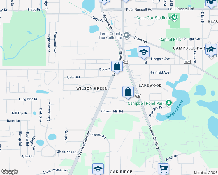 map of restaurants, bars, coffee shops, grocery stores, and more near 3721 Crawfordville Road in Tallahassee