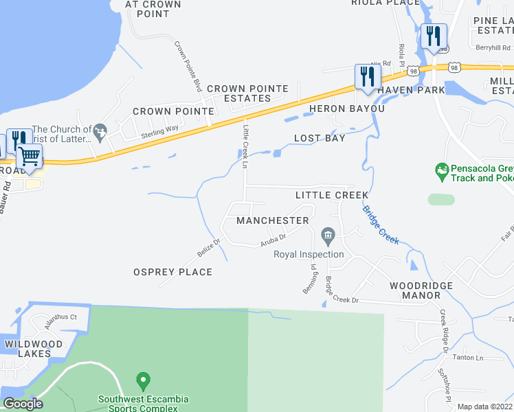 map of restaurants, bars, coffee shops, grocery stores, and more near 900 Barkley Street in Pensacola