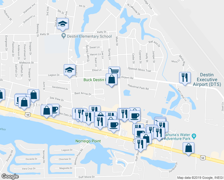 map of restaurants, bars, coffee shops, grocery stores, and more near 225 Main Street in Destin