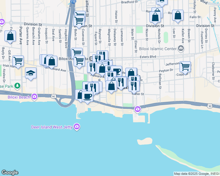map of restaurants, bars, coffee shops, grocery stores, and more near Rue Magnolia in Biloxi