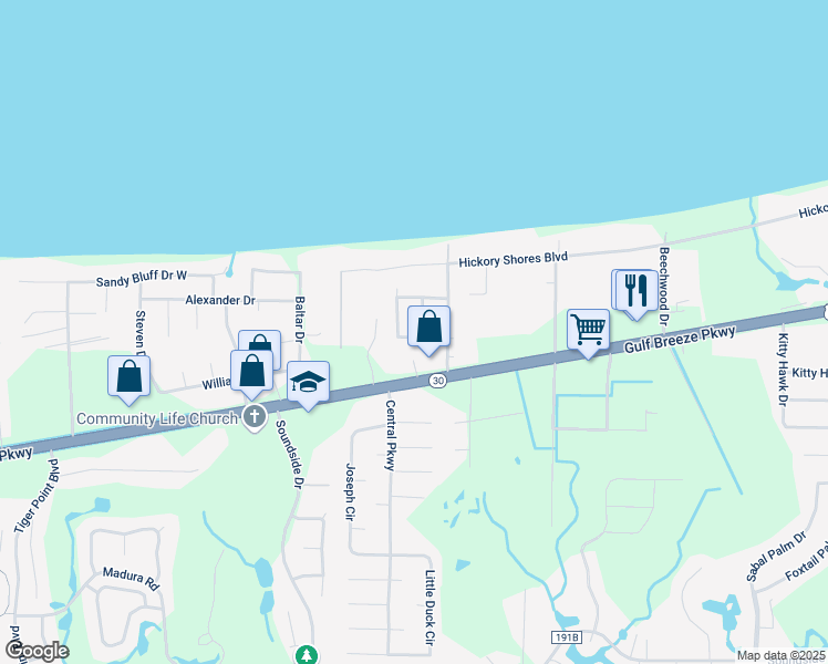 map of restaurants, bars, coffee shops, grocery stores, and more near 1638 Chickasaw Trail in Gulf Breeze