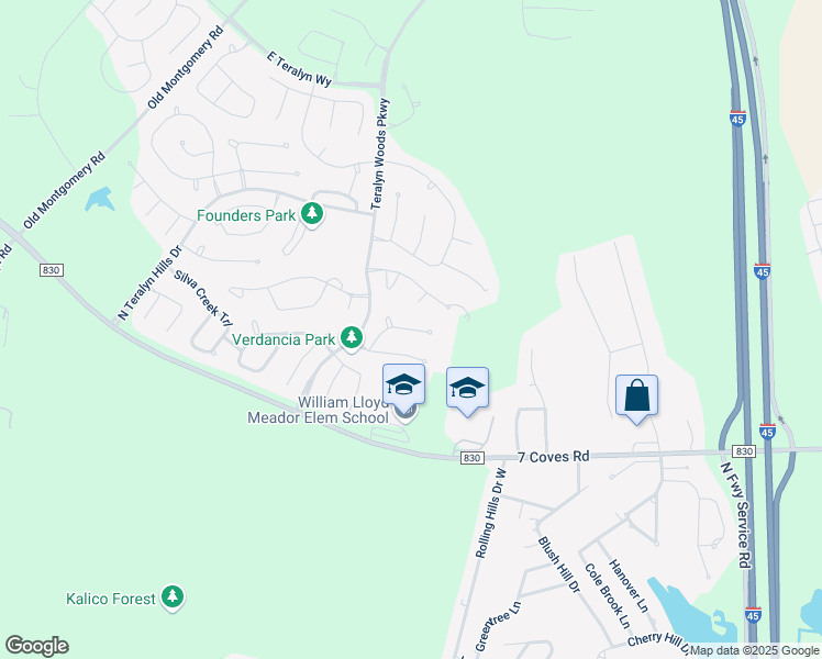 map of restaurants, bars, coffee shops, grocery stores, and more near 120 Evening Tide Court in Willis