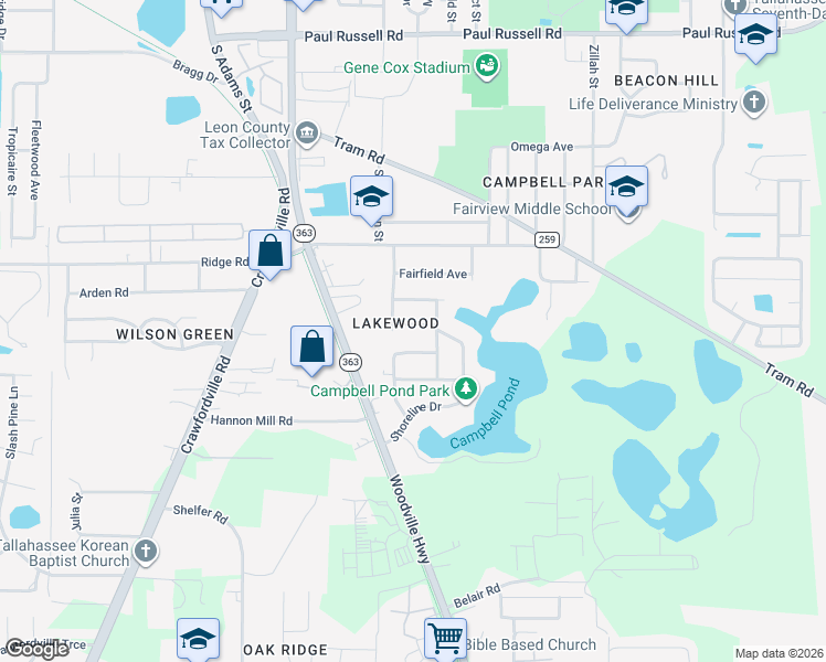 map of restaurants, bars, coffee shops, grocery stores, and more near 305 Skylark Avenue in Tallahassee