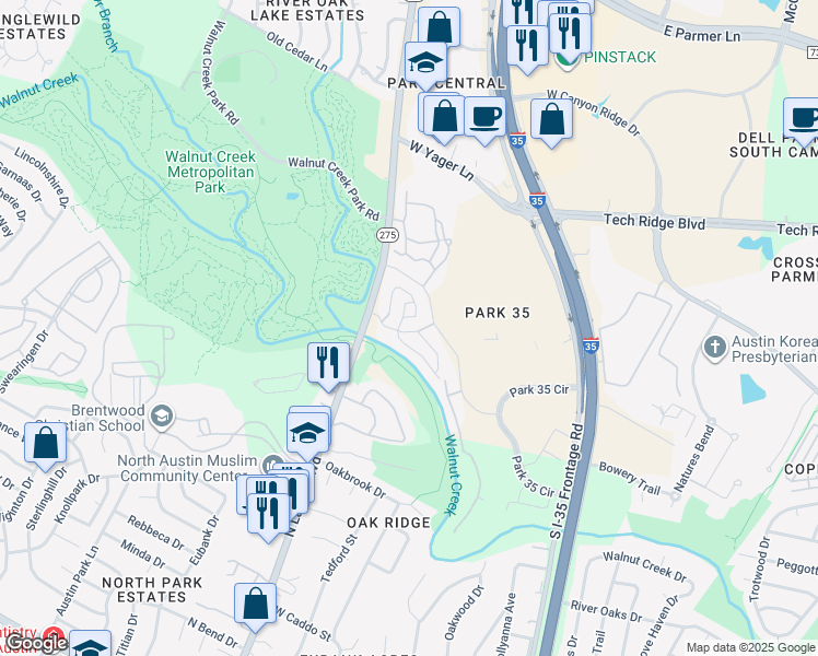 map of restaurants, bars, coffee shops, grocery stores, and more near 12101 North Lamar Boulevard in Austin
