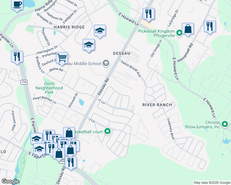 map of restaurants, bars, coffee shops, grocery stores, and more near 170 Dessau Road in Austin