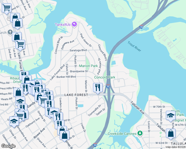 map of restaurants, bars, coffee shops, grocery stores, and more near 838 Brandywine Street in Jacksonville