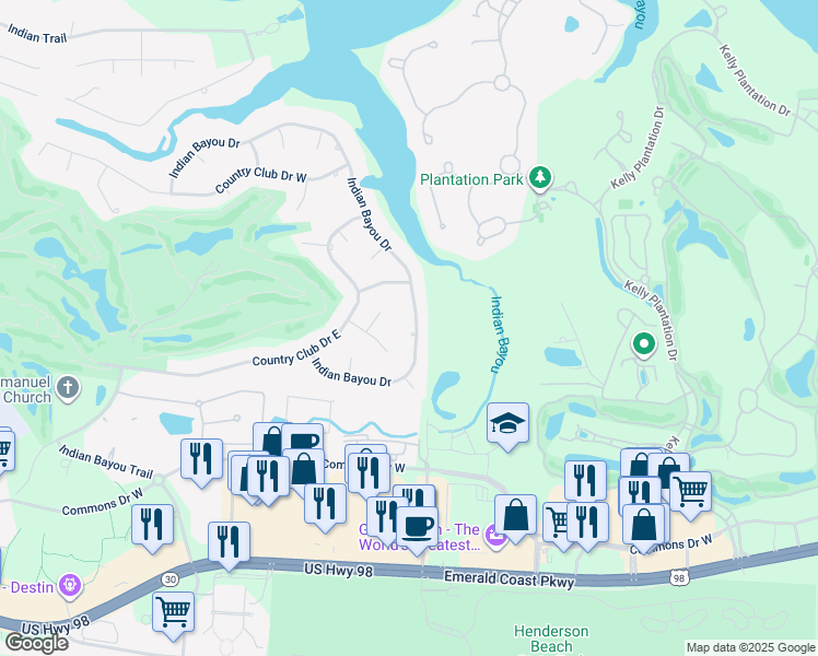 map of restaurants, bars, coffee shops, grocery stores, and more near 45 Indian Bayou Drive in Destin