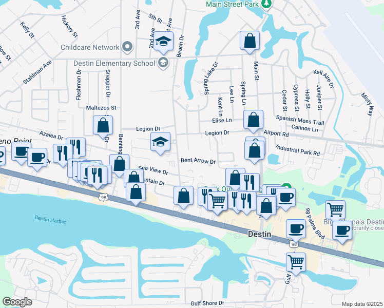 map of restaurants, bars, coffee shops, grocery stores, and more near 215 Ann Circle in Destin