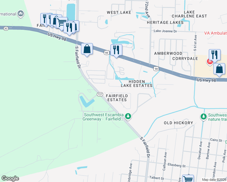 map of restaurants, bars, coffee shops, grocery stores, and more near 7584 Sandy Creek Drive in Pensacola