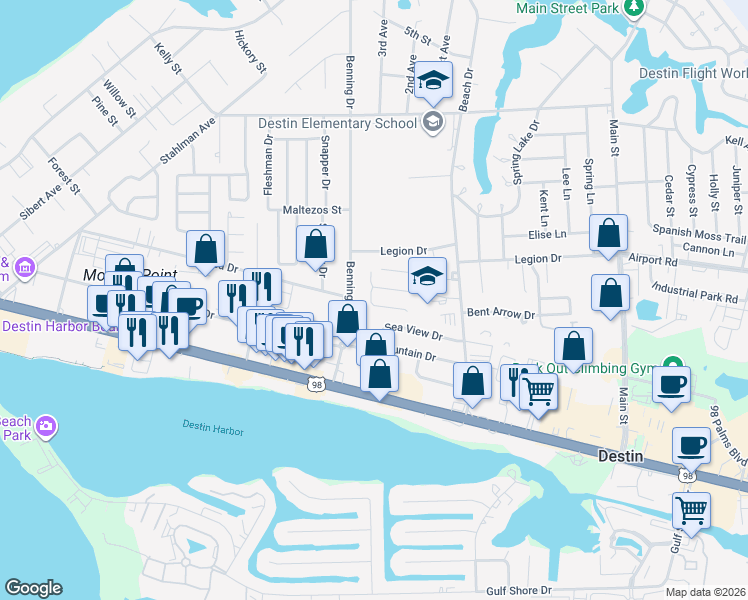 map of restaurants, bars, coffee shops, grocery stores, and more near 415 Anna Street in Destin