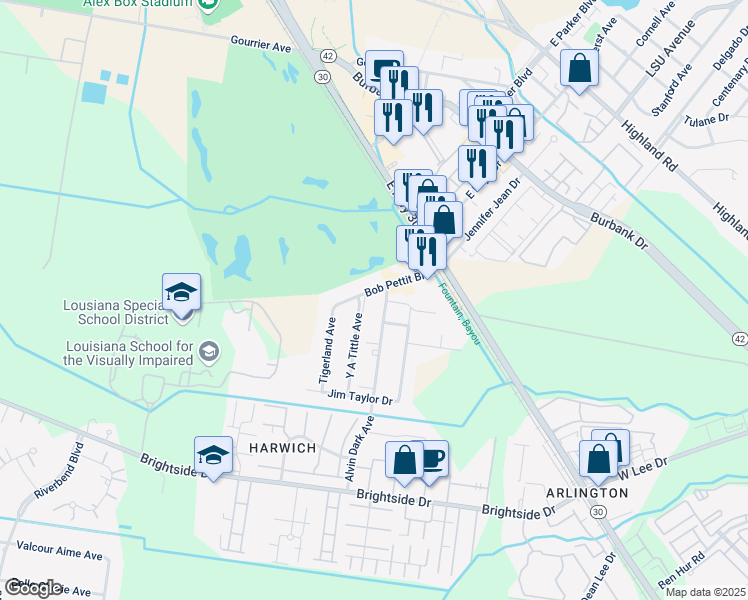 map of restaurants, bars, coffee shops, grocery stores, and more near 1194 Bob Pettit Boulevard in Baton Rouge