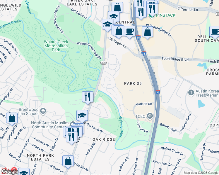 map of restaurants, bars, coffee shops, grocery stores, and more near 12304 Walnut Park Crossing in Austin