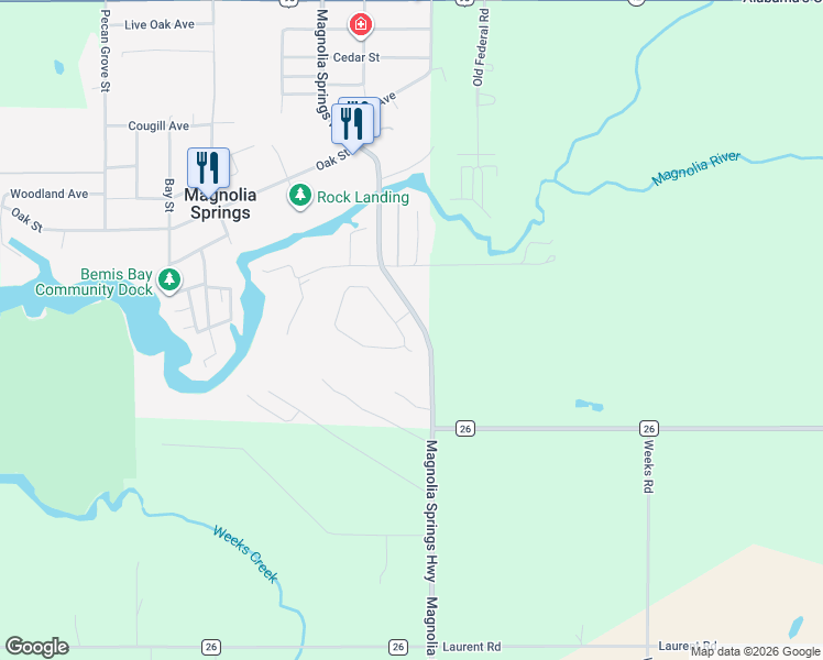 map of restaurants, bars, coffee shops, grocery stores, and more near 11545-11789 Magnolia Springs Hwy in Magnolia Springs