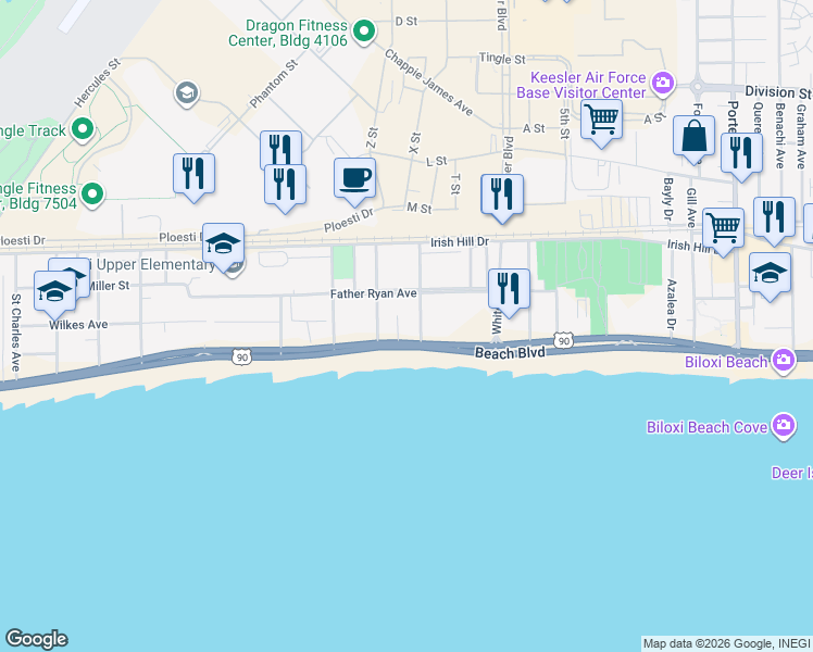map of restaurants, bars, coffee shops, grocery stores, and more near 1321 Father Ryan Avenue in Biloxi