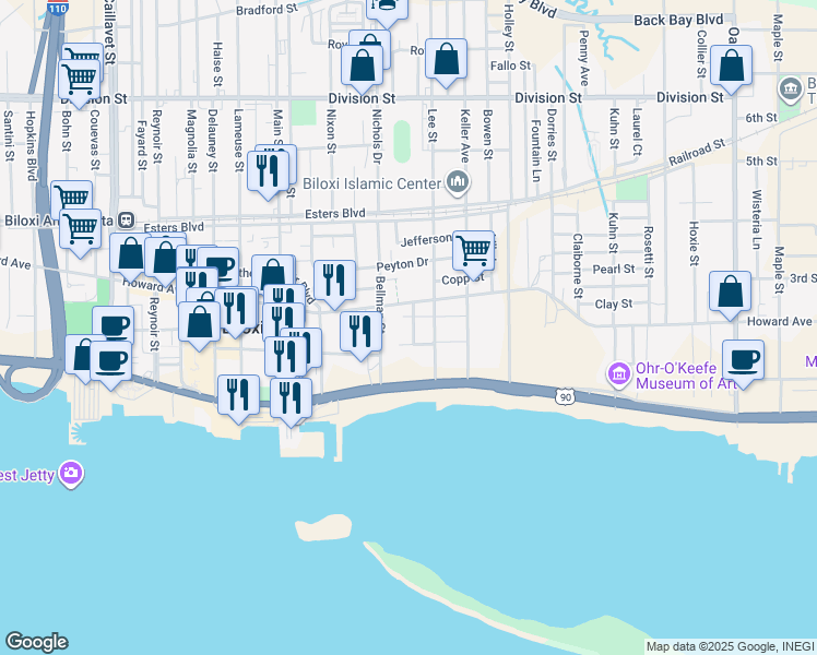 map of restaurants, bars, coffee shops, grocery stores, and more near 131 Comfort Place in Biloxi