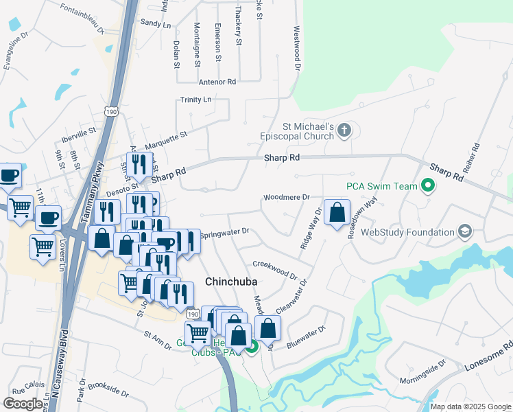 map of restaurants, bars, coffee shops, grocery stores, and more near 1478 Woodmere Drive in Mandeville