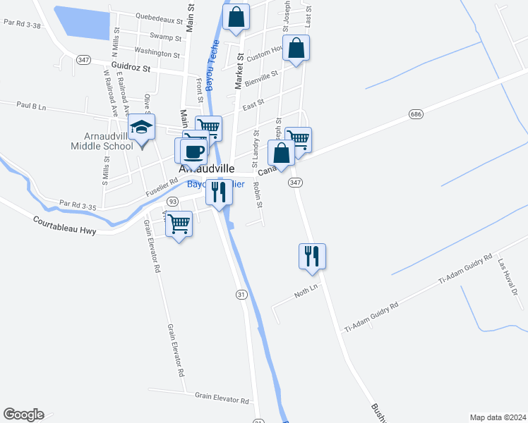map of restaurants, bars, coffee shops, grocery stores, and more near 1027 Robin Street in Arnaudville