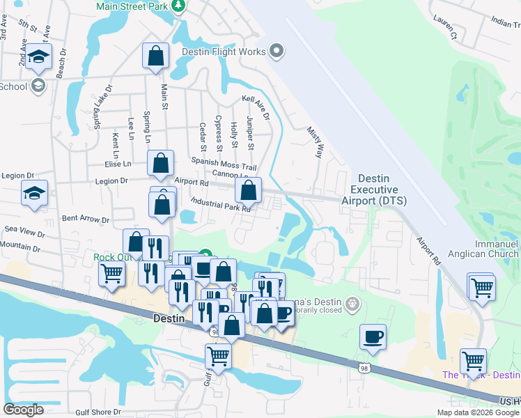 map of restaurants, bars, coffee shops, grocery stores, and more near 98 Industrial Park Lane in Destin