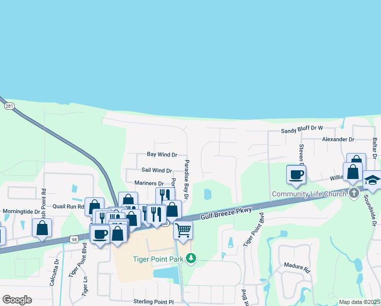 map of restaurants, bars, coffee shops, grocery stores, and more near 3913 Paradise Bay Drive in Gulf Breeze
