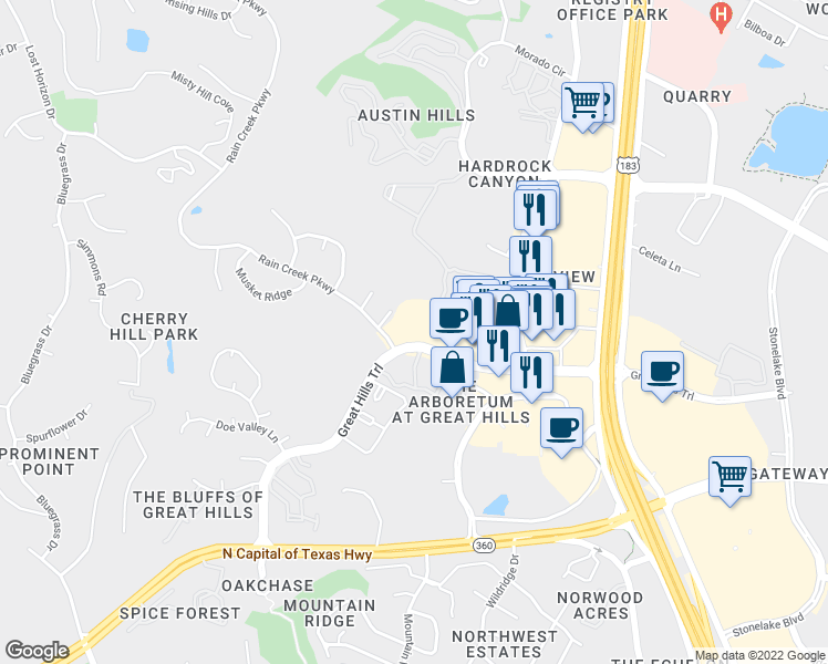 map of restaurants, bars, coffee shops, grocery stores, and more near 9600 Great Hills Trail in Austin