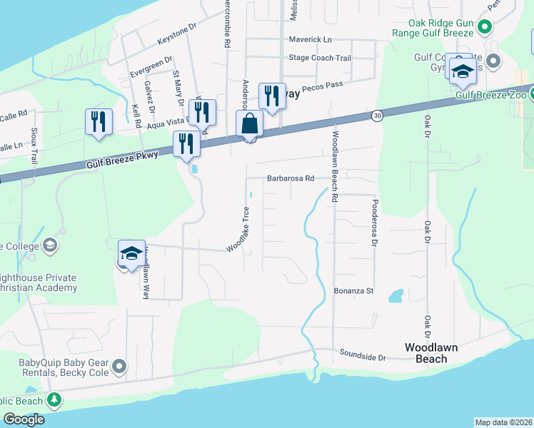 map of restaurants, bars, coffee shops, grocery stores, and more near 5314 Fargo Court in Gulf Breeze