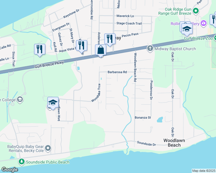 map of restaurants, bars, coffee shops, grocery stores, and more near 5301 Fargo Court in Gulf Breeze