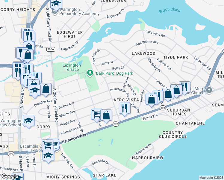 map of restaurants, bars, coffee shops, grocery stores, and more near 215 Brandywine Road in Pensacola