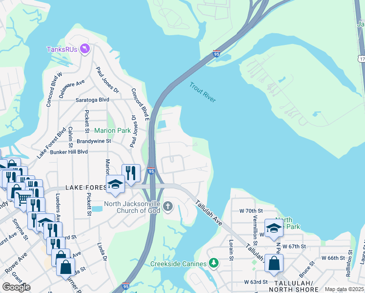 map of restaurants, bars, coffee shops, grocery stores, and more near 629 Appian Way in Jacksonville