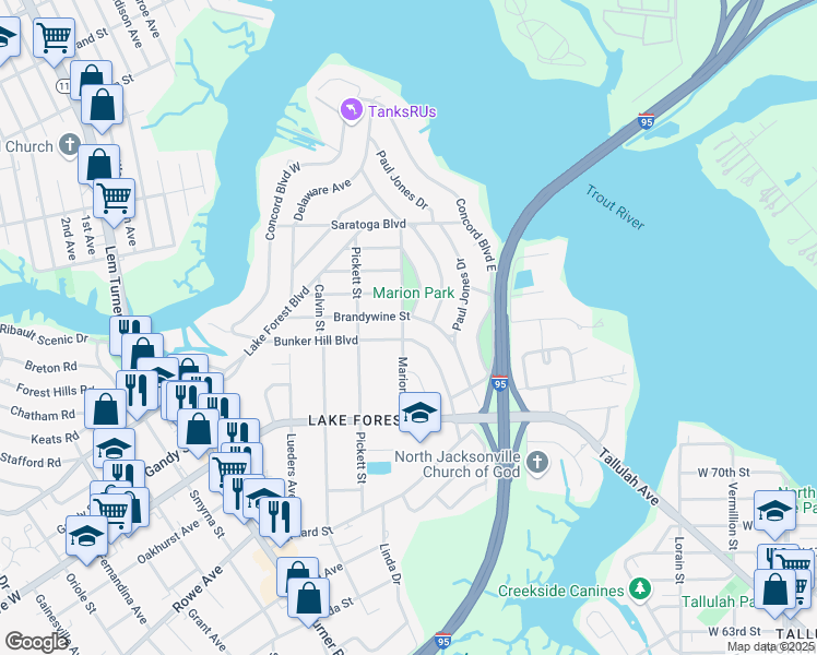 map of restaurants, bars, coffee shops, grocery stores, and more near 7965 Marion Street in Jacksonville