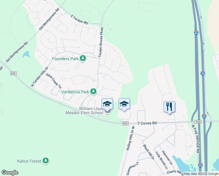 map of restaurants, bars, coffee shops, grocery stores, and more near 120 Evening Tide Court in Willis