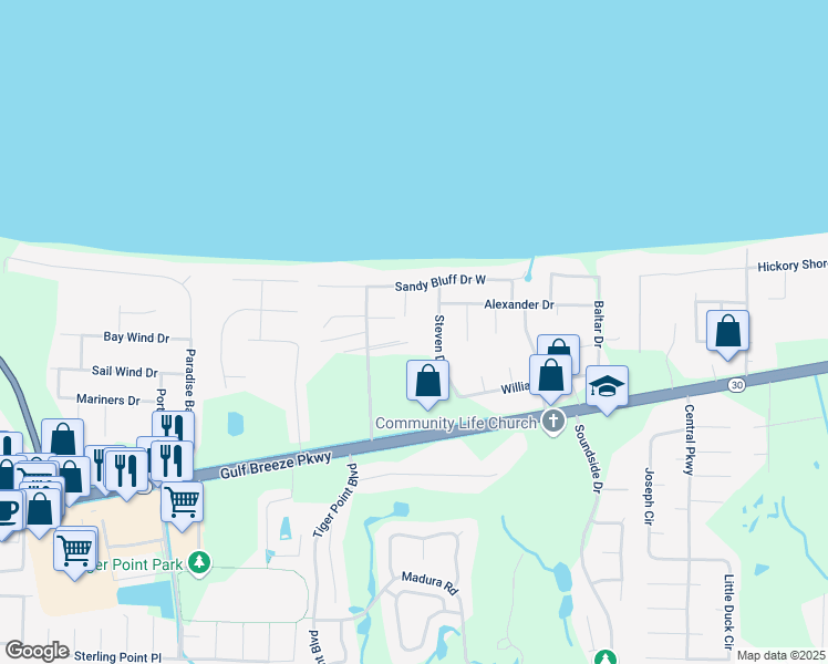 map of restaurants, bars, coffee shops, grocery stores, and more near 1638 Balogh Drive in Gulf Breeze