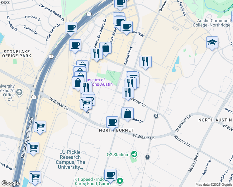 map of restaurants, bars, coffee shops, grocery stores, and more near 11009 Alterra Parkway in Austin