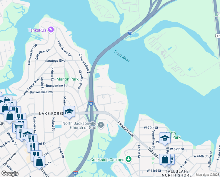 map of restaurants, bars, coffee shops, grocery stores, and more near 629 Appian Way in Jacksonville