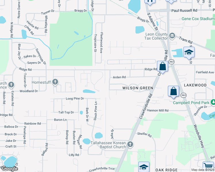 map of restaurants, bars, coffee shops, grocery stores, and more near 4198 Ridge Haven Road in Tallahassee