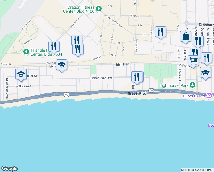 map of restaurants, bars, coffee shops, grocery stores, and more near 1321 Father Ryan Avenue in Biloxi
