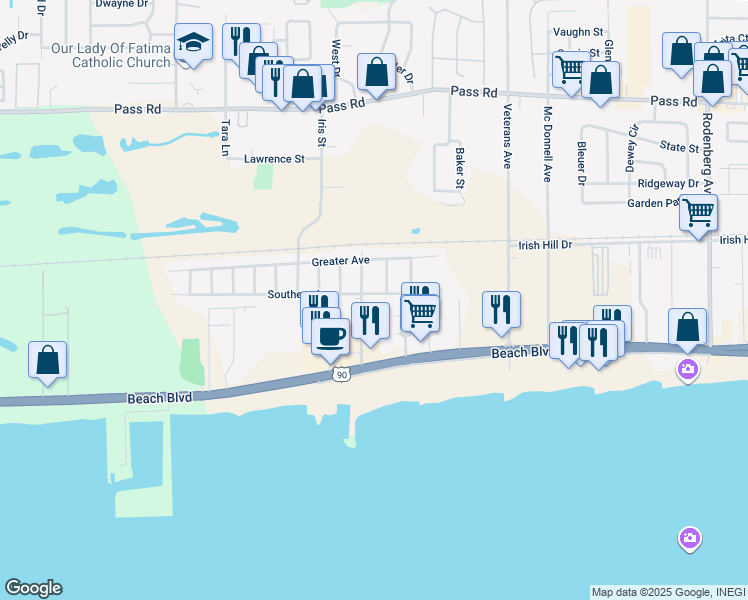 map of restaurants, bars, coffee shops, grocery stores, and more near 1916 Southern Avenue in Biloxi